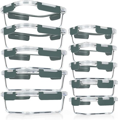 10 Pack Airtight Glass Meal Prep Containers with Lids, Microwave Safe, Grey