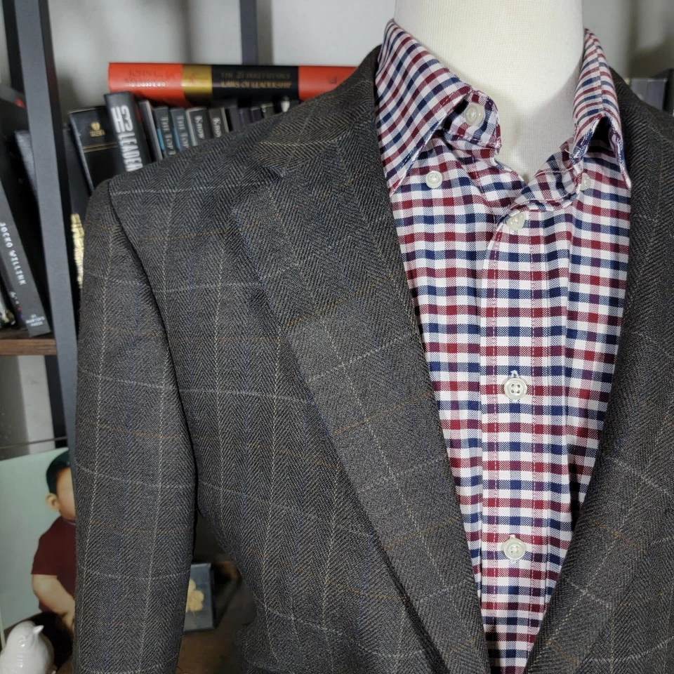 Abrigo Blazer Deportivo Para Hombres Nautica Dos Botones Marrón Cuadros Espiga Corderos Lana 42L Foto 4 de 4