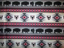 Navajo Indian Totem Buffalo Border Red Black Gray Cotton Fabric BTHY