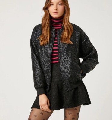 Koton Rachel Araz Jacquard Bomber Jacket Sz L Zip Black Goth Punk Mobwife Turkey