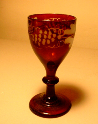 Antique 19ThC Blown Ruby Flashed Wine Stem with Etching