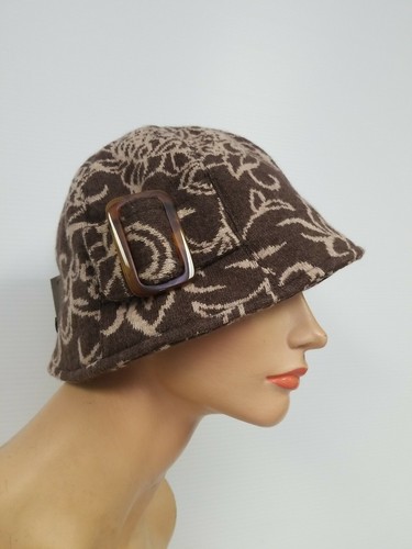 LADIES FLORAL KNIT WOOL HAT BROWN BLACK BUCKET CLOCHE - Picture 2 of 13