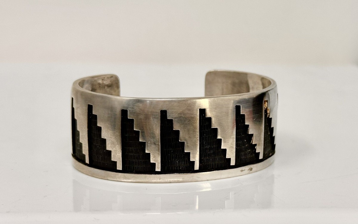Hopi Sterling Overlay Cuff bracelet Steven Pooyouma Kuyvaya 