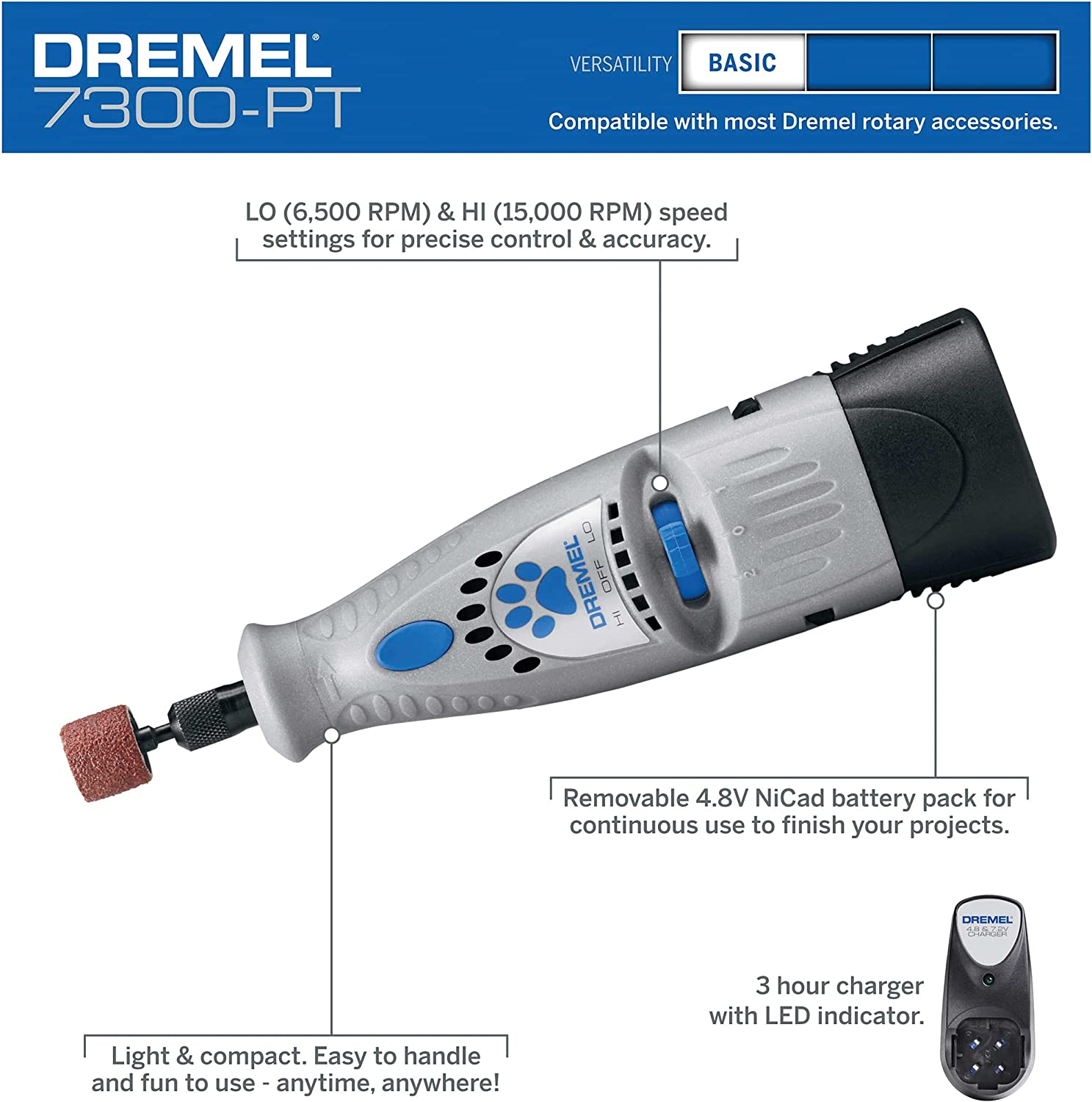 Dremel 7300PT 4.8V Cordless Pet Dog Nail Grooming & Grinding Tool