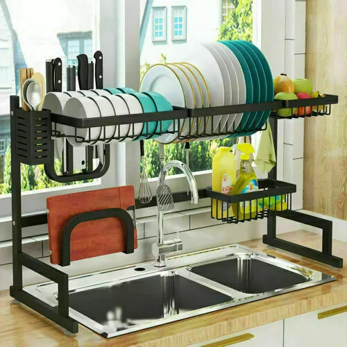 2 Tier Over Sink Dish Drying Rack Drainer Shelf Stainless Steel Kitchen  65cm