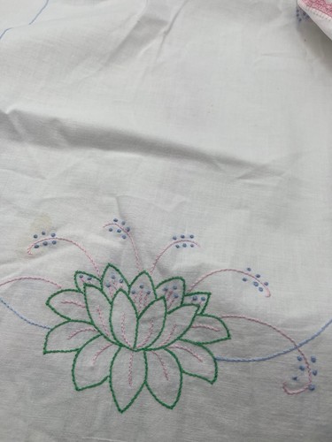 Vintage Cross Stitch Embroidered Linen Dresser cloth Table cloth Lotus flower! - Picture 2 of 7