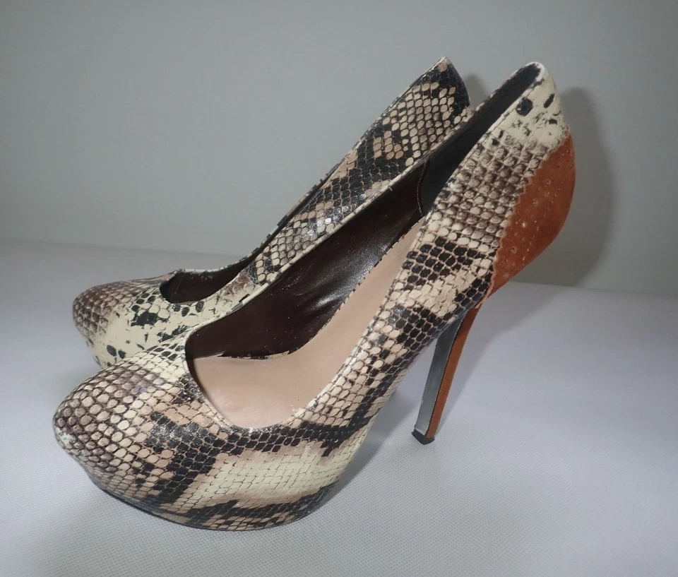 H от Halston 5 дюймов каблук на шпильке желтовато-коричневый серый змеиная кожа печать серебряный каблук 8,5 - Изображение 2 из 4