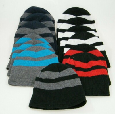 (13) PORT AUTHORITY PORT AND COMPANY FLEECE LINE STRIPE BEANIE CAPS  MULTICOLOR