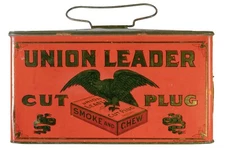 Rare 1910s "Union Leader” litho lunch pail tobacco tin is in good condition