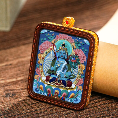 Hand-Painted Thangka Pendant Necklace of Manjushri, Medicine Buddha and Zhaxi Lh