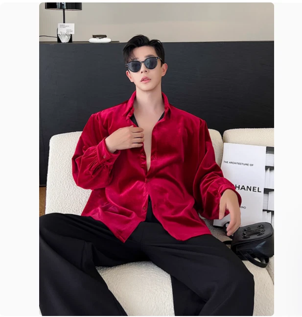 Camisa masculina juvenil coreana moda veludo gola redonda manga comprida palco 3502 - Imagem 2 de 4