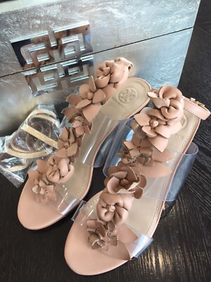 Tory Burch US 6.5 Nude Beige 2'' Block Heel Floral Ankle Strap PVC sandal