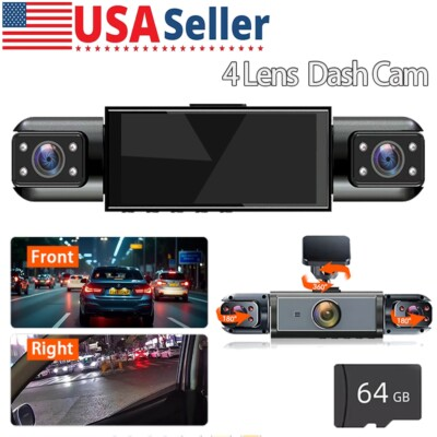 #ad HD Dash Cam 4 Channel Night Vision Adjustable Lens Driving Record Kit w 64GB NEW $39.99