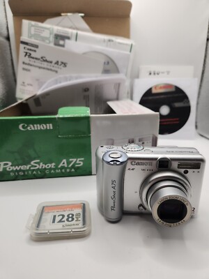 Canon PowerShot A75 3.2MP Retro Digital Camera + Box & Manual, Memory Cards