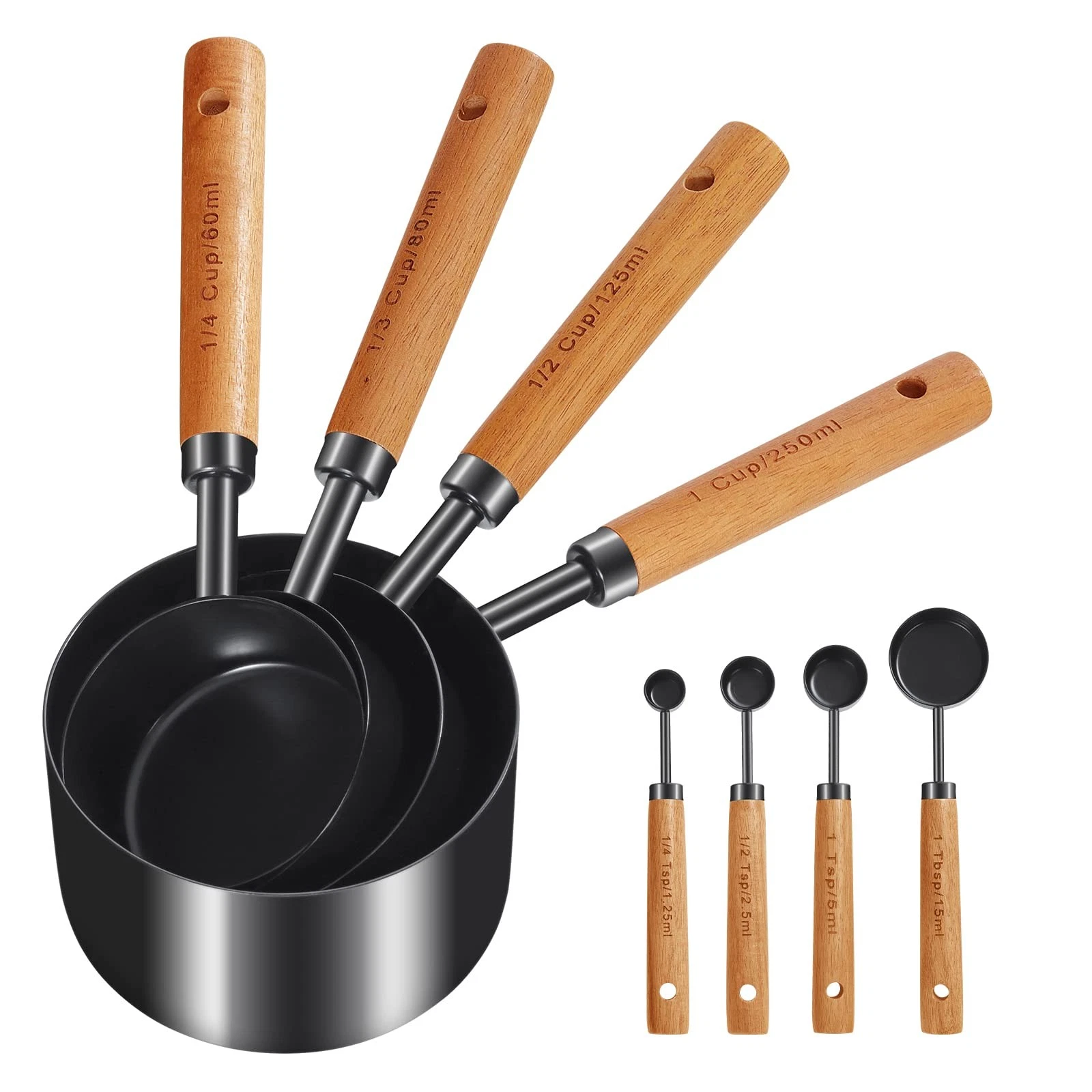 8Pcs Measuring Cups and Spoons Set, Wooden Handle, Premium Stainless Steel wi...