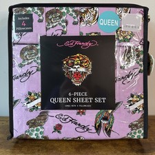 New Ed Hardy Queen 6 Pc Double Brushed Sheet Set Purple Rose Tiger Bedding Y2K