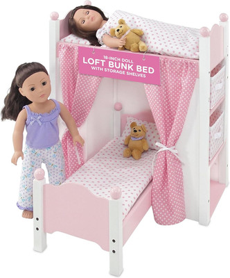 Pink 18'' Doll Loft Bunk Bed with Storage, Bedding & Curtains for American Girl D