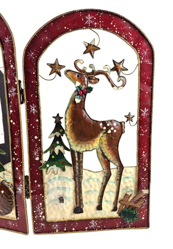 Vtg Noel Christmas Trifold Large Fireplace Screen Santa w/Reindeer 3D 49×29¾ - Picture 4 of 9