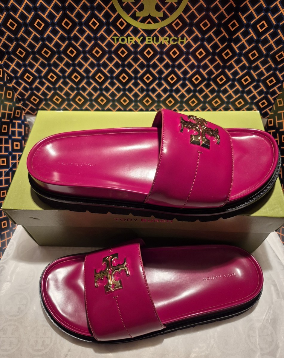 TORY BURCH EVERLY ANATOMIC LUG SLIDE LTHR SANDALS;RED/BLACK;SZ 8M