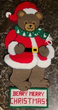 Vintage 3D Bear Santa Claus "Beary Merry Christmas" Needlepoint Canvas 30.75" H