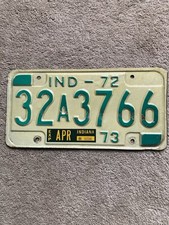 1972-73 Indiana License Plate -  32A 3766 - Nice!
