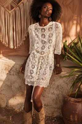 Sandro Paris Boho Sz Small Lace Cotton Mini Dress Striped Underslip Size 36 EU