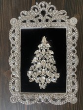 Crystal Rhinestone Silver Framed Jewelry Christmas Tree Art Repurposed Decor