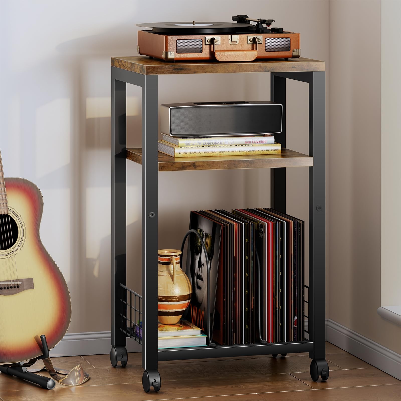 3-Tier Rolling Side Table for Records, Books, or Plants - Compact & Mobile