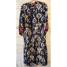 VILAGALLO Ikat Print Tiered Maxi Dress Blue White Orange Pink Size 44