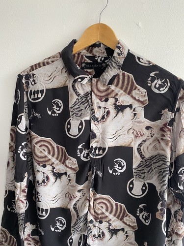 All Saints Shirt Mens Small Black Brown Akita LS Long Sleeve Viscose Oriental - Picture 8 of 16