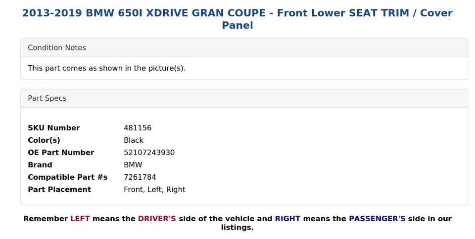BMW 650I XDRIVE 2013-2019 GRAN CUPÉ - moldura del asiento inferior delantero/panel de cubierta Foto 3 de 4