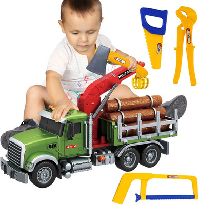 15 Inch Friction Powered Timber Truck Toy with Loading Crane, 6 Wooden Logs & Li