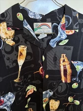 Vtg Paradise Found Shirt Mens Medium Hawaiian Black Martini Cocktails Atomic MCM