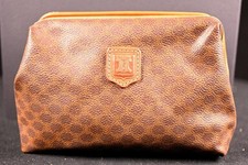 CELINE Vintage Macadam Vanity Pouch Brown Leather Makeup Bag Rare Authentic