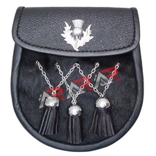 Black Day Fur Sporran with 3 Fur Tassels Double Chain Kilt Belt Bagpipe Fly