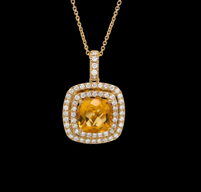 14K Gelbgold Double Halo Citrin Diamant Collier 2,85 ctw