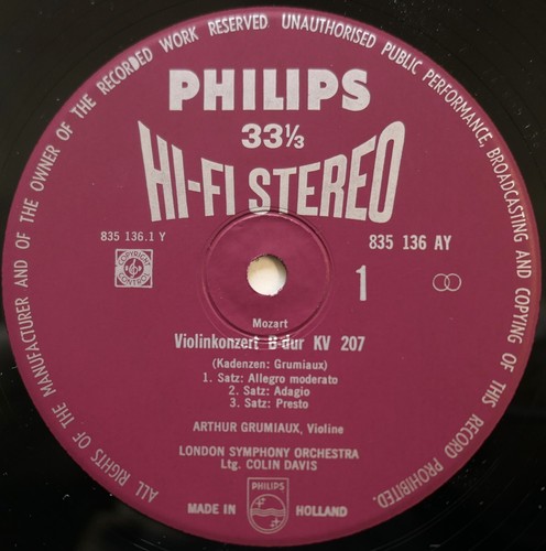 835 136 ED1 Arthur Grumiaux Mozart Violin Concertos 1 & 4 Philips HI-FI STEREO - Picture 3 of 5