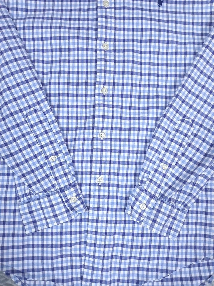 Ralph Lauren Shirt Mens Large Slim Fit Blue Plaid Stretch Oxford Long