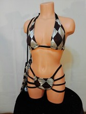 Exotic dancer stripper silver/black three piece bikini dance outfit - dancewear