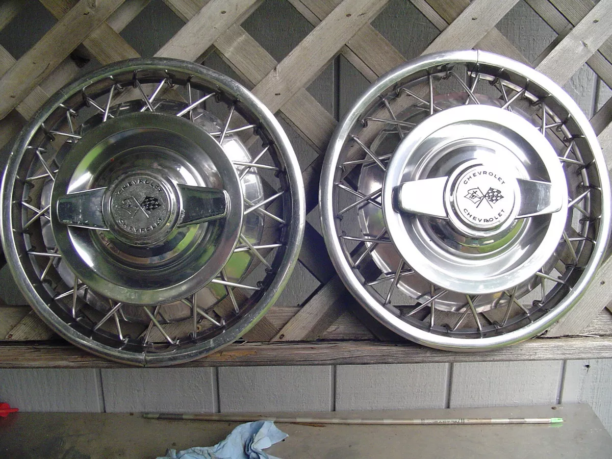 TWO 13 INCH VINTAGE CHEVROLET CORVAIR WIRE SPINNERS HUBCAPS WHEEL