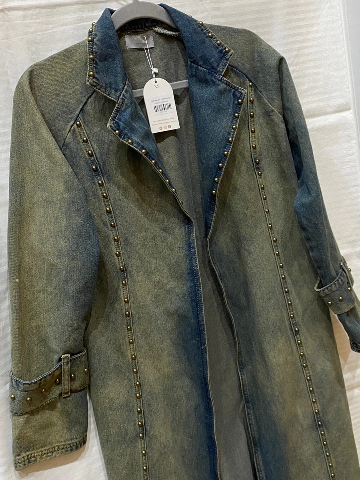 Outcast Exclusive Callie Denim Studded Trench Coat | Blue Gold | Womens XS - Image 4 of 4