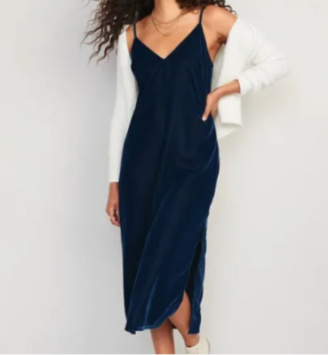 Old Navy Smocked Back V Neck Navy Blue Velour Midi Dress XS NEW