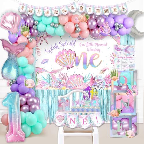 Mermaid 1st Birthday Decorations, Mermaid Party for One Year Old Girl Backdro...