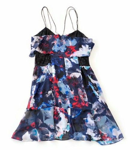 Bardot Dress Floral Navy Blue Red Flowers Frilly Mini Ladies Thin Straps Size 12 - Picture 4 of 7