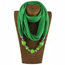 Womens Fashion Neckerchief Ring Scarf Necklace Beads Solid Color Jewelry Green