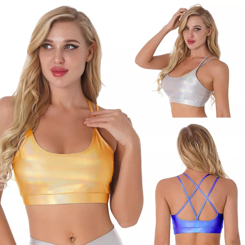 US Women's Yoga Bras Shiny Metallic Strappy Sports Bra Workout Fitness Gym  Tops