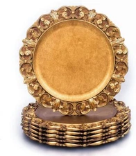 SET of 6 Luxury Designer Bronze 14.25" Charger Plate Baroque Embossed STUNNING! 