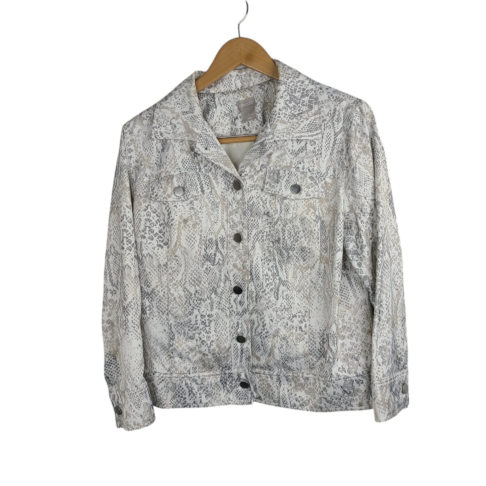 Chico's Python Print Satin Denim Jacket White/Gra… - image 1