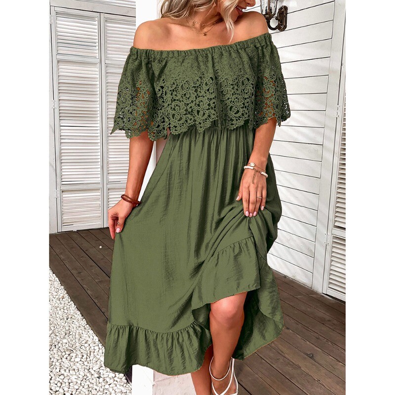 Women Off-shoulder Midi Lace Dress Ruffle Beach Holiday Swing Wrap Dress  Summer