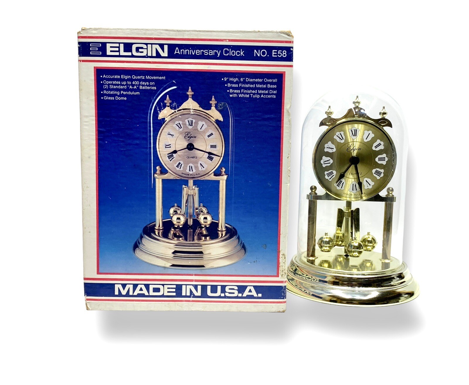 Vintage Elgin Quartz Glass Dome Anniversary Clock W/Roman Numerals No